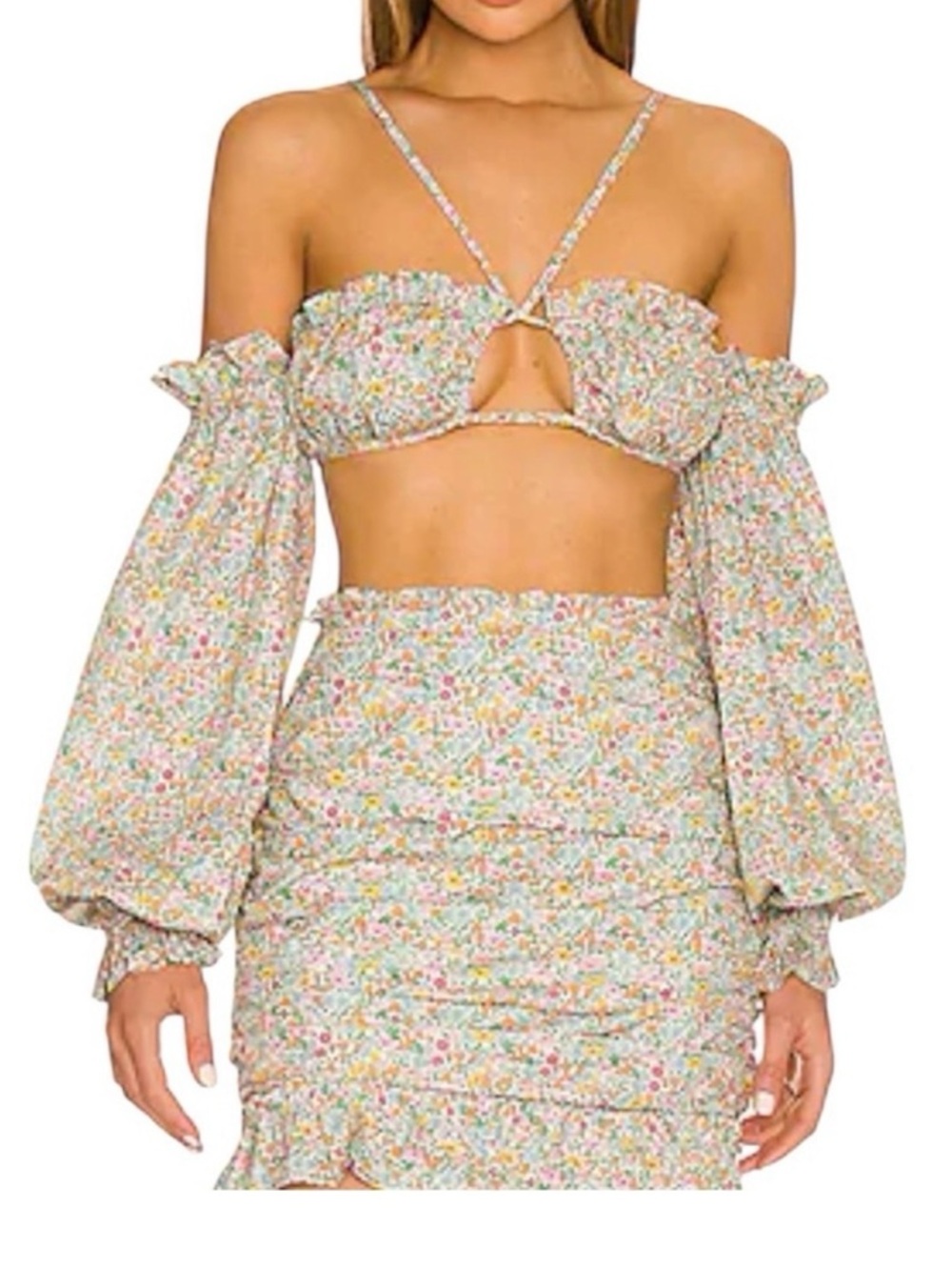 For Love & Lemons Raleigh Floral Tie-Front Crop Top in Pastel Multi